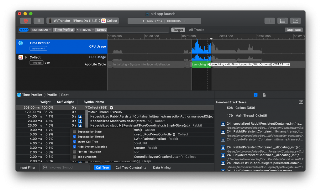 The time profiler gives insights in slow performing code during app launch time.