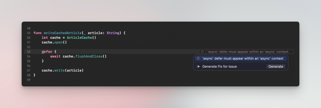 You can use async inside a defer block if the outer method is asynchronous.