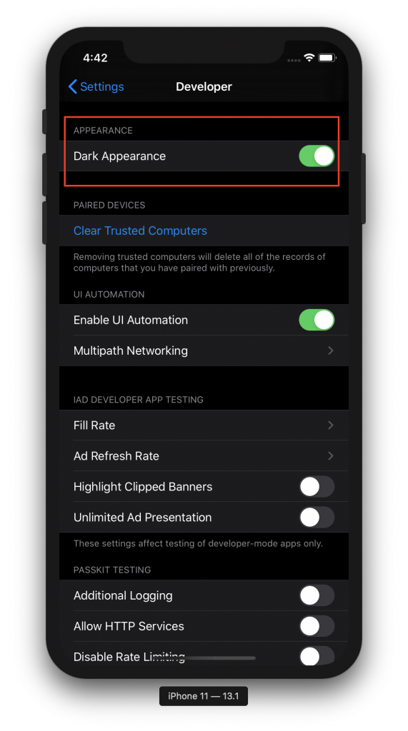Enabling Dark Mode on the Simulator