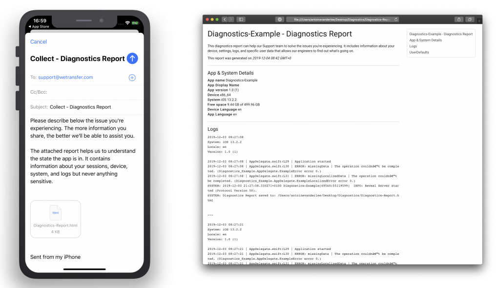 An example of the Diagnostics framework by WeTransfer