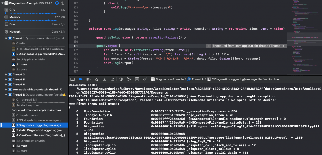 The crash related to storage reproduced in Xcode