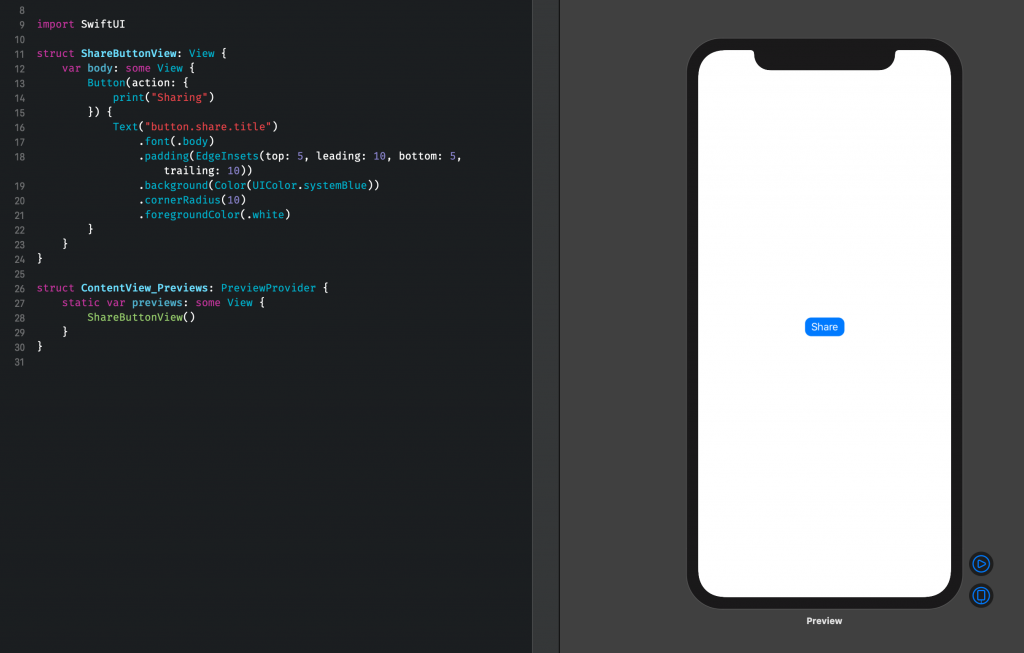 The SwiftUI Preview as shown by default.