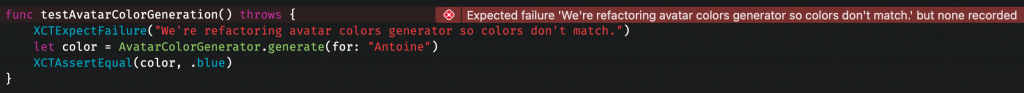 An expected failure is configured while there are none reported. The test fails.