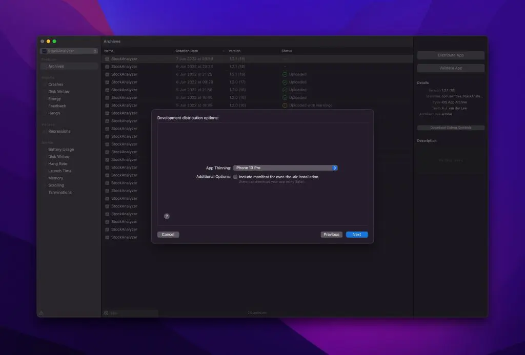 Exporting an archive with App Thinning enabled to evaluate the app size.