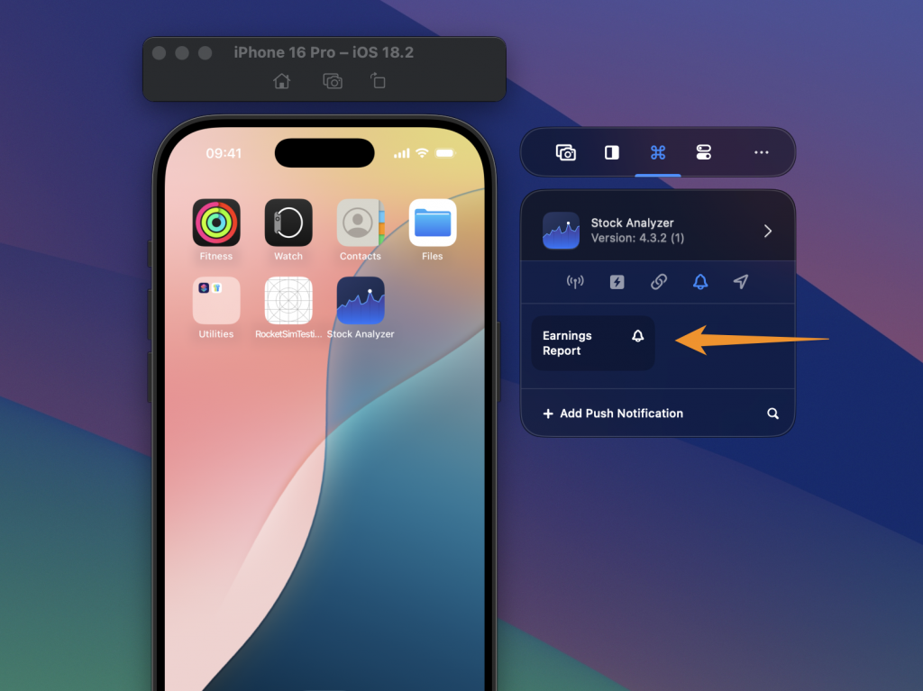 A stored push notification shows up next to the Simulator for easy reusing.