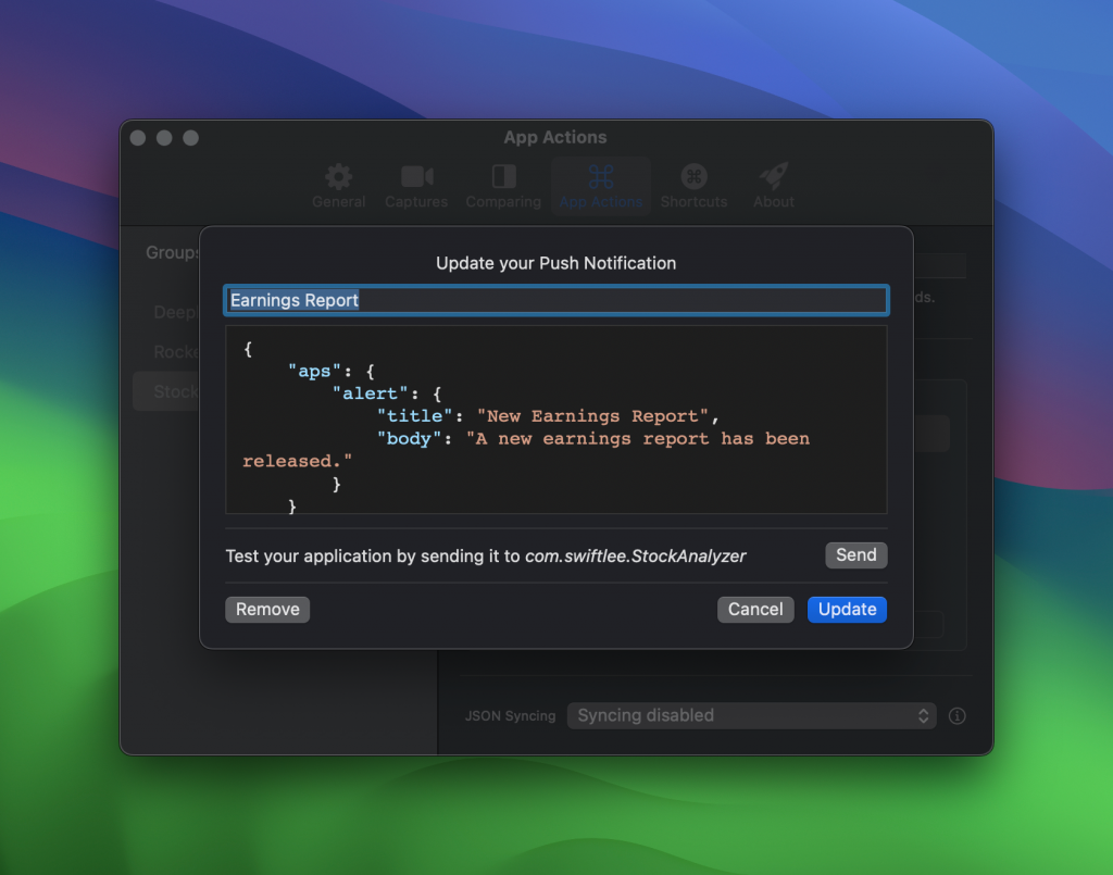 RocketSim allows you to configure a push notification payload for easy reuse.