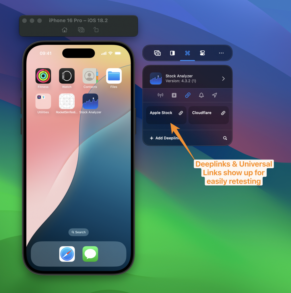 Universal Links and deeplinks show up next to the Simulator inside RocketSim.