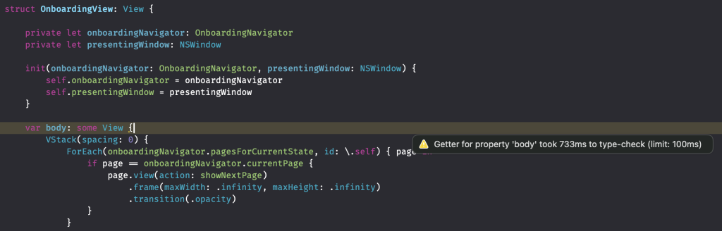 Long SwiftUI view bodies can result in slow compile times.