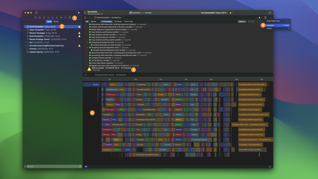 You can analyze build performance using Xcode's Build Navigator assistant.