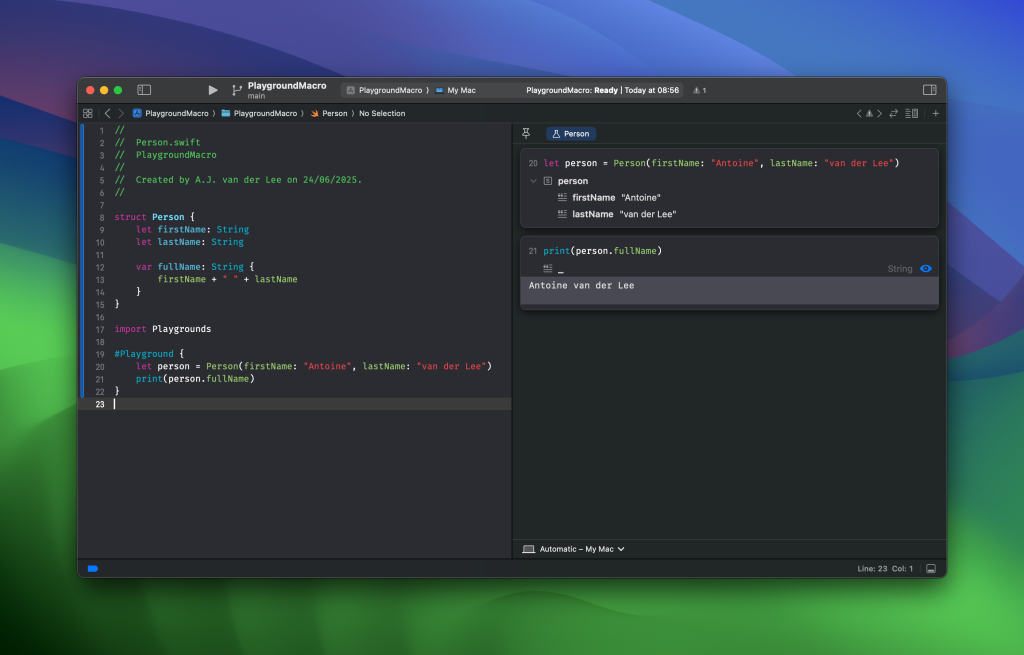 An example of the #Playground macro running a code snippet inside Xcode 26.