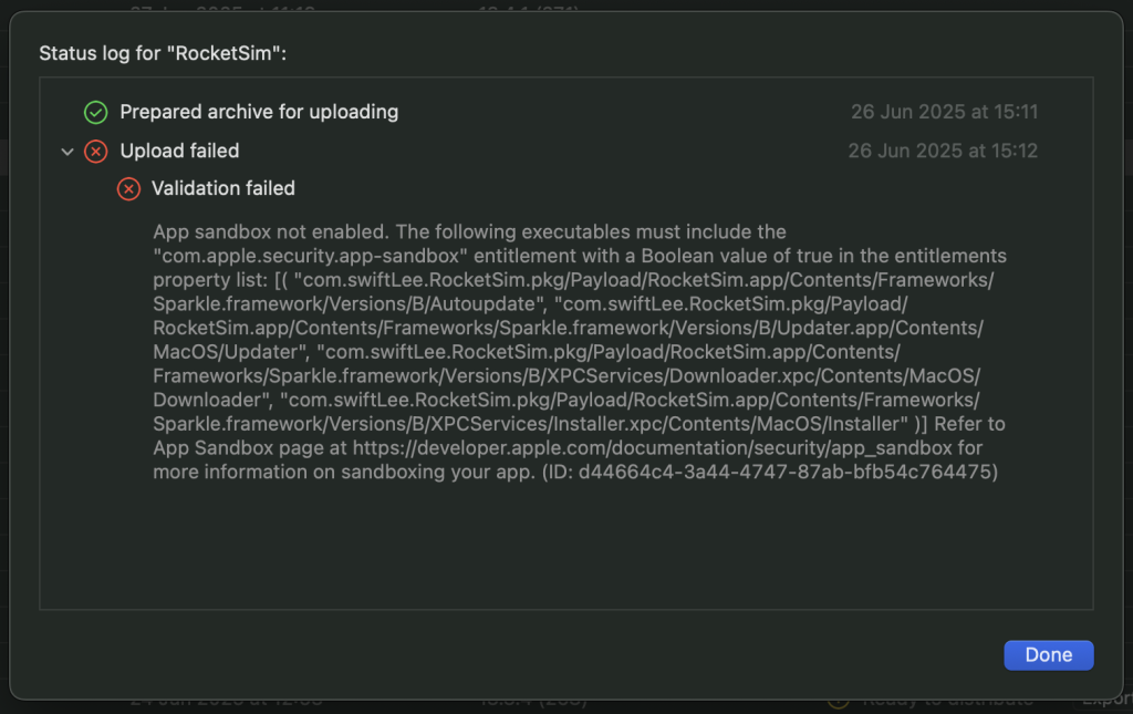 Pushing a build to the App Store with Sparkle included will fail with this error.