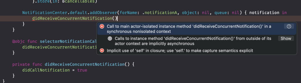 A strict concurrency check fails for a non-Combine NotificationCenter observer method.