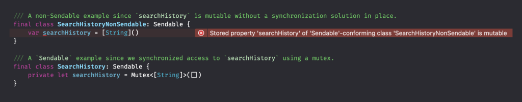 Using a Swift lock like a mutex can help you create sendable access to data.