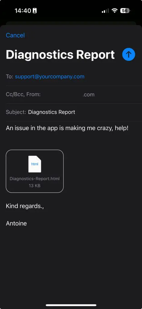 An example of the email composer with the Diagnostics report as an attachment.