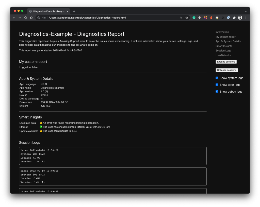 An example Diagnostics HTML report opened in the browser.