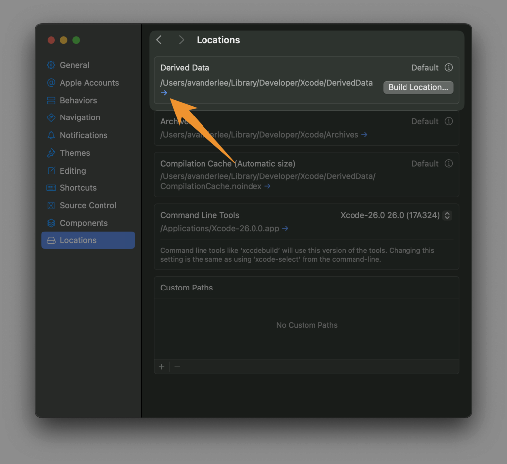 Xcode's Settings offers a quick way to navigate to the Derived Data directory.