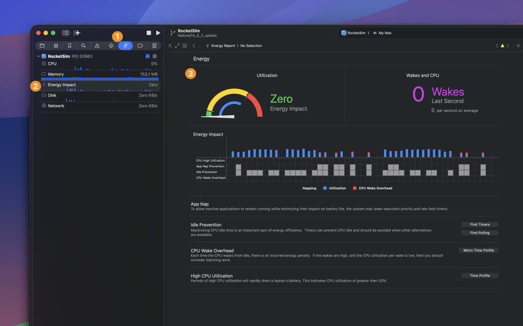 Battery usage and energy impact can be monitored inside Xcode's Debug Navigator.