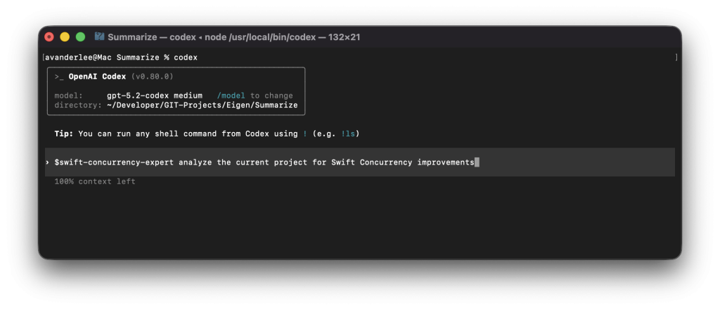 Using the Swift Concurrency Skill inside the Codex CLI.