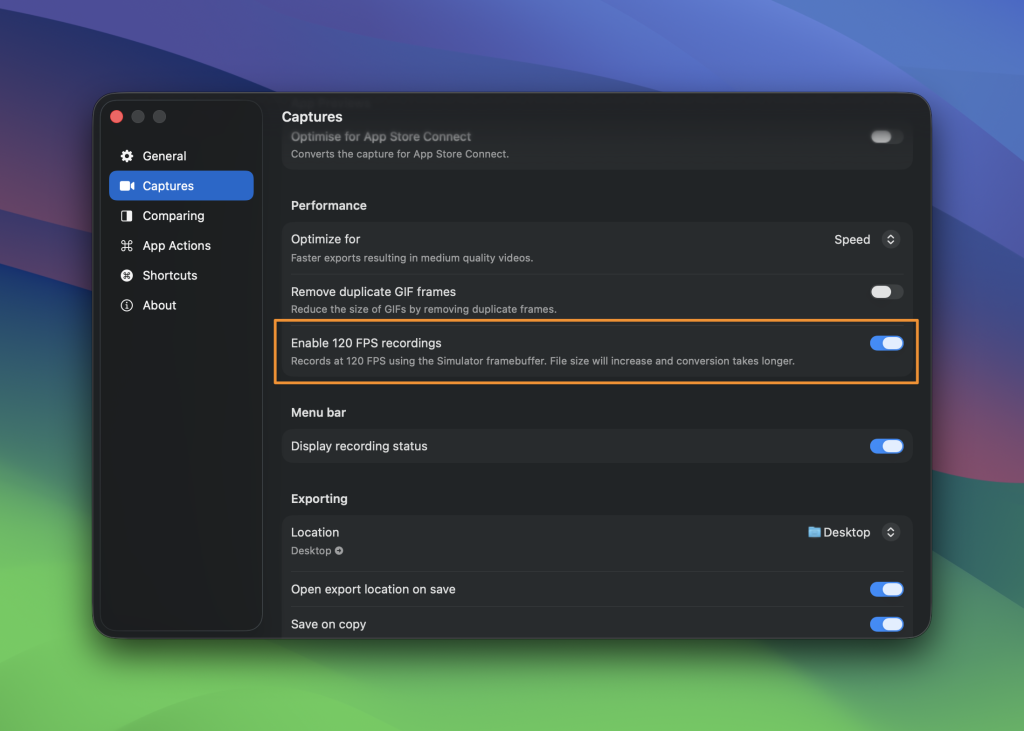 You can enable 120 FPS Xcode Simulator recordings inside the settings.