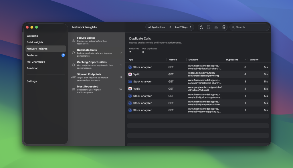 RocketSim's network insights give you valuable input on where to improve your apps.