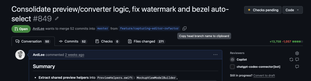 The massive pull request contains many file changes as a result of agentic coding.