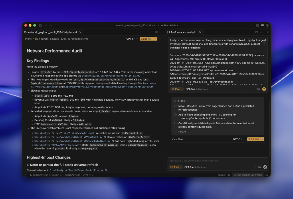 Cursor AI shows an optimization plan based on RocketSim's exported prompt.