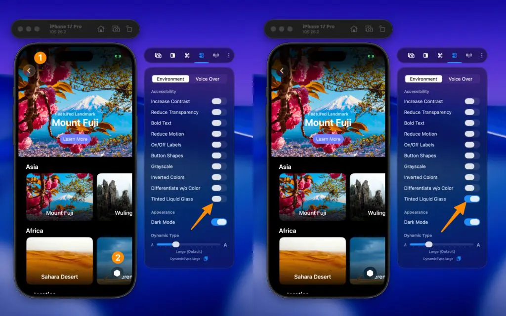 Test your app's Liquid Glass accessibility support by enabling Tinted Liquid Glass.