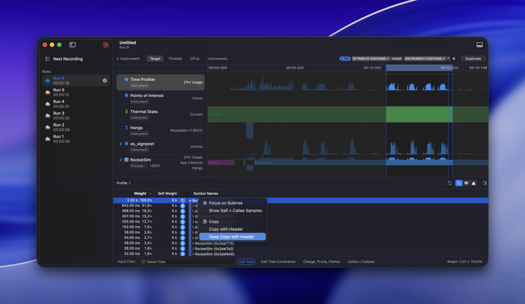 Create a deep copy of the Xcode Instruments Time Profiler results to share with your agents.