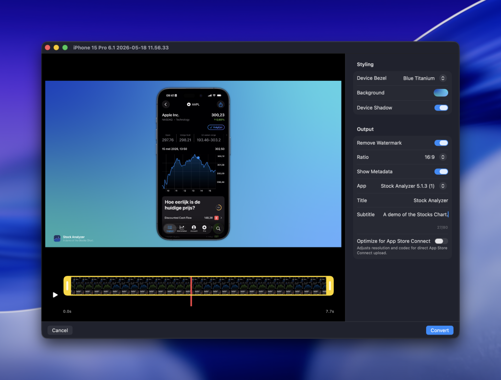 RocketSim's post editor allows you to fine-tune any App Store Videos.