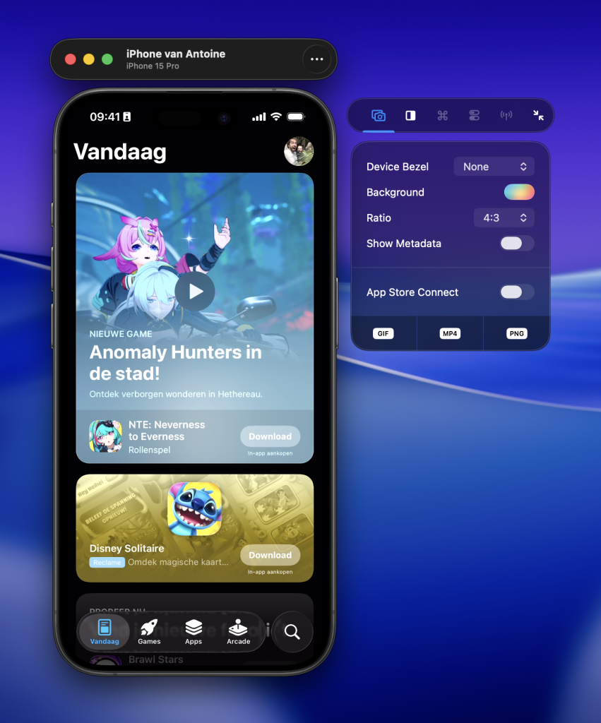 A USB-connected device shows up with a side window to start the App Preview Video recording.