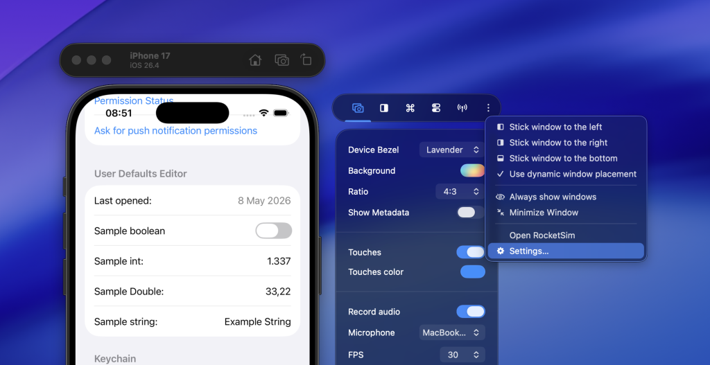 You can access RocketSim's settings through the side window menu.