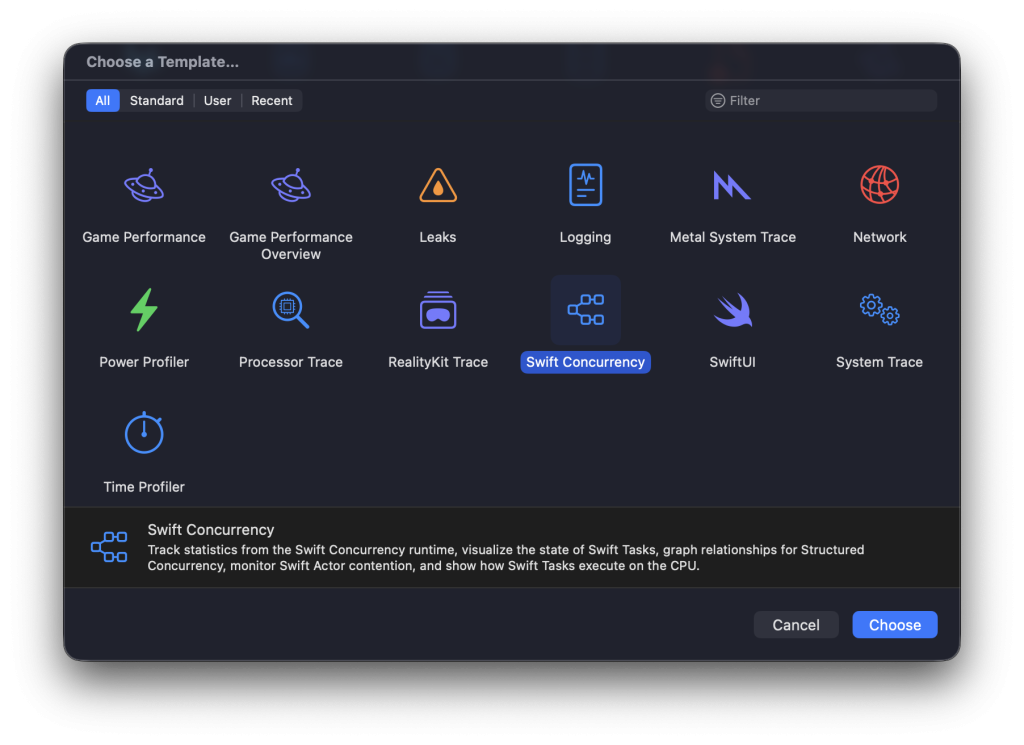Xcode Instruments offers default templates, like the Swift Concurrency template.