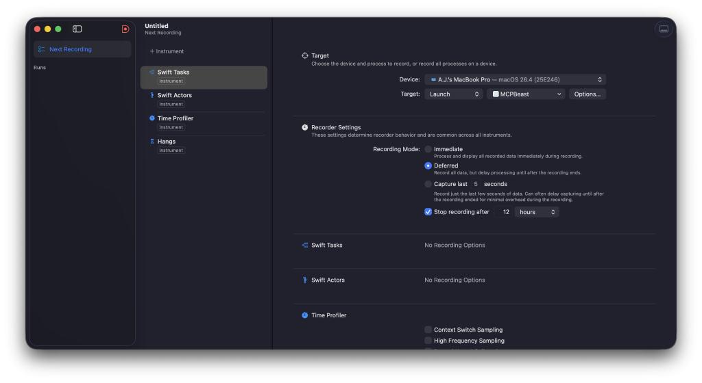 The Swift Concurrency Template consists of several instruments.