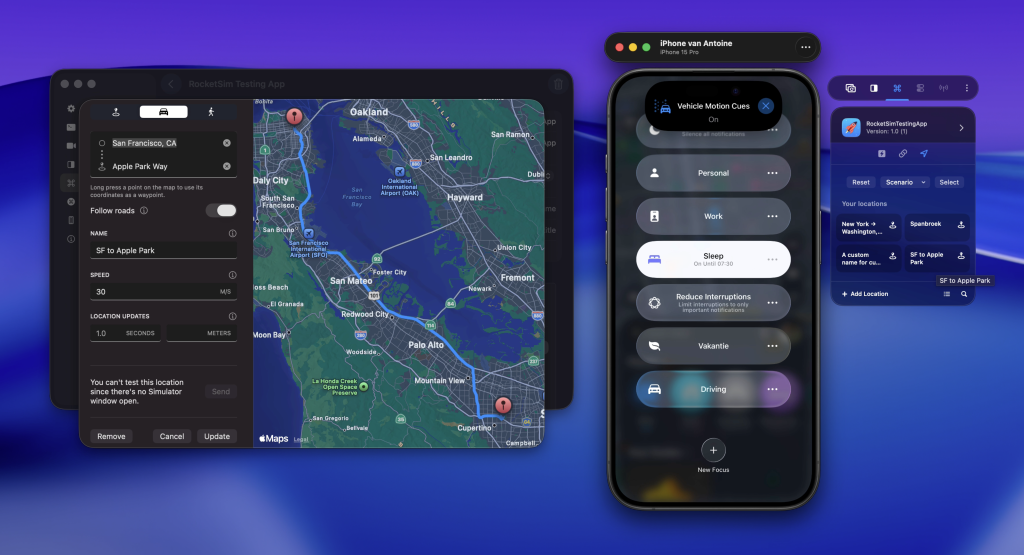 RocketSim simulating a driving route from San Francisco to Apple Park on a connected physical iPhone, working great for iOS time zone testing.