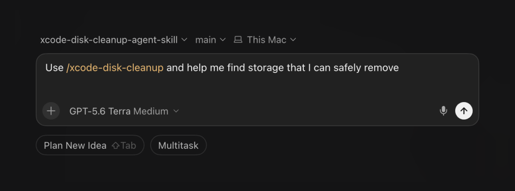 Asking an AI agent to use the Xcode Disk Space Cleanup Agent Skill to find removable Xcode storage safely.