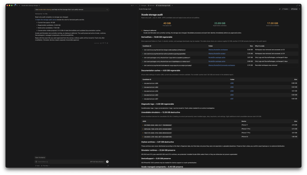 Xcode storage audit showing approximately 40 GiB of cleanup candidates grouped by risk and storage category
