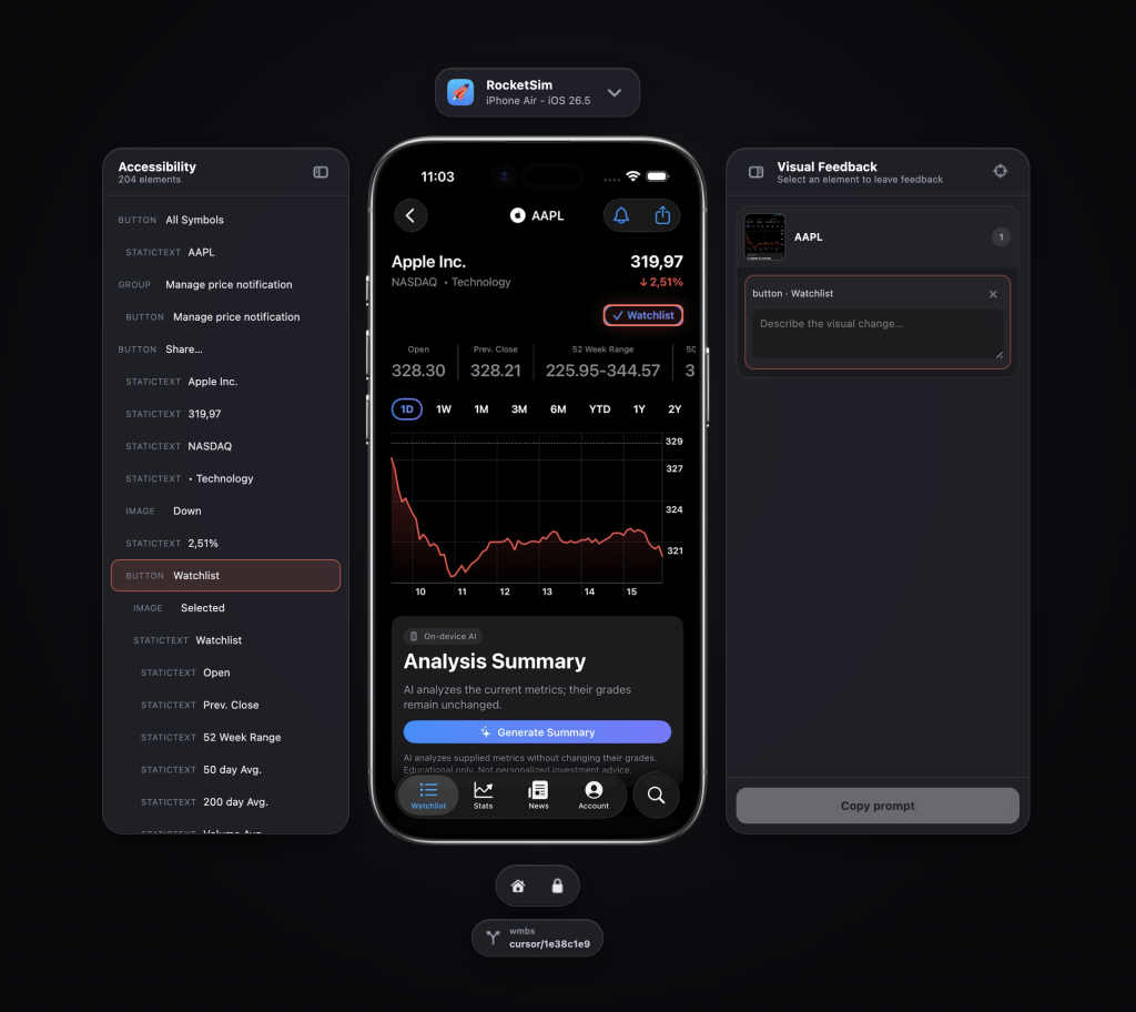 The iOS Simulator can be controlled using RocketSim inside Cursor, Claude Code, Codex, or any AI IDE.
