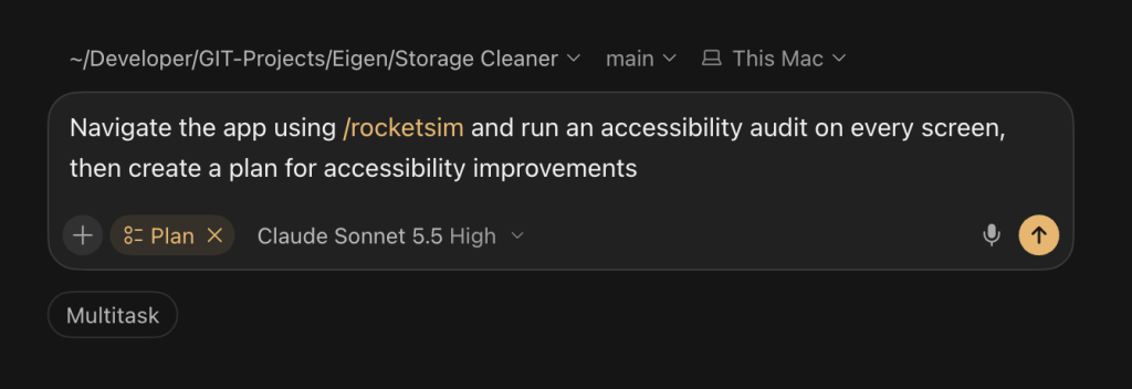 Plan mode prompt for agentic iOS development: use RocketSim to run an accessibility audit on every screen and plan the improvements.