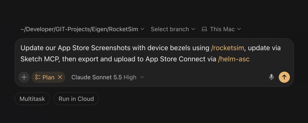 Prompt to update App Store screenshots with device bezels using RocketSim, Sketch MCP, and the Helm CLI.