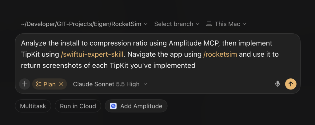 Prompt that analyzes install to compression ratio with the Amplitude MCP, then implements TipKit tips and captures screenshots with RocketSim.
