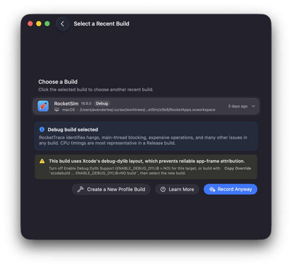 RocketTrace warns you when you're about to analyze a debug build.