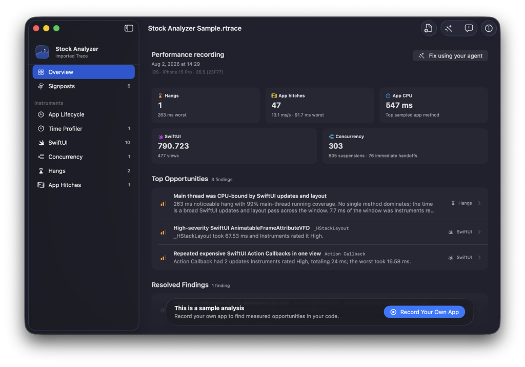 The RocketTrace Sample Analysis allows you to explore what we could detect for your app.