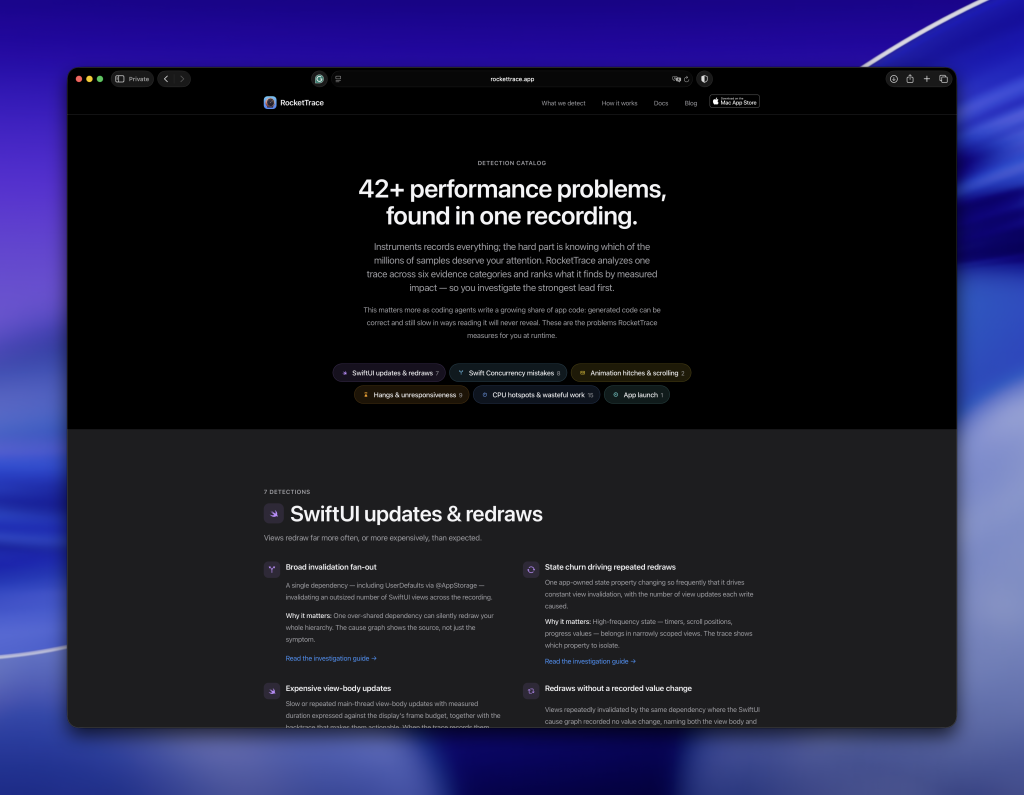 The different kinds of Xcode Instruments detections RocketTrace currently finds inside your apps, with support for AI Agents.