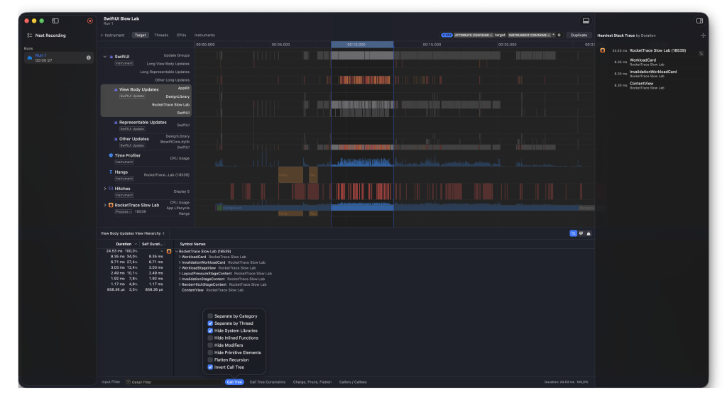 The View Body Updates View Hierarchy in Xcode Instruments with the call tree filter options open: Separate by Thread, Hide System Libraries, Hide Modifiers, Hide Primitive Elements, Flatten Recursion, and Invert Call Tree.