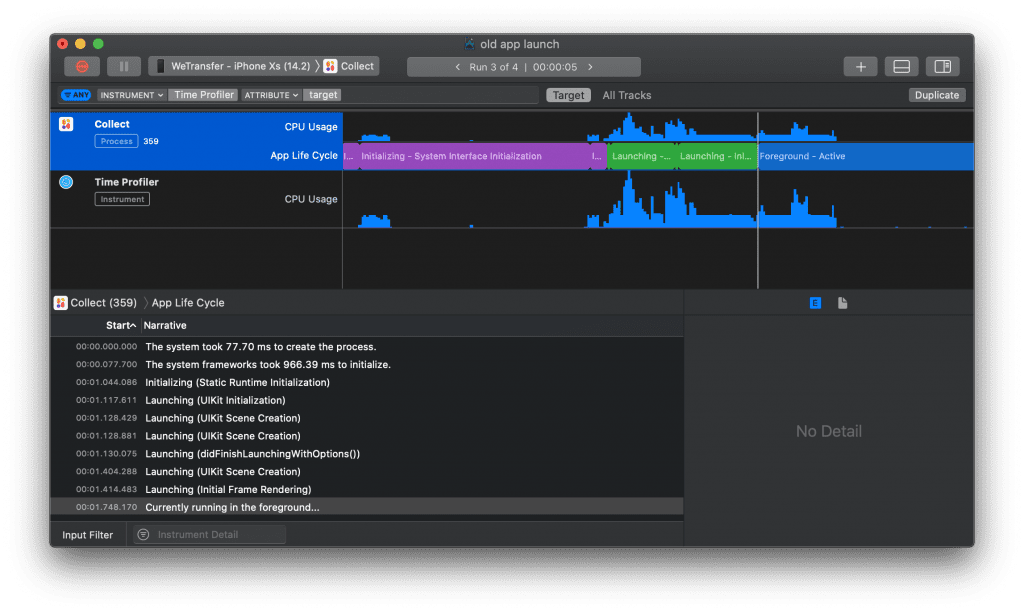 App Life Cycle statistics as seen in Xcode Instruments.