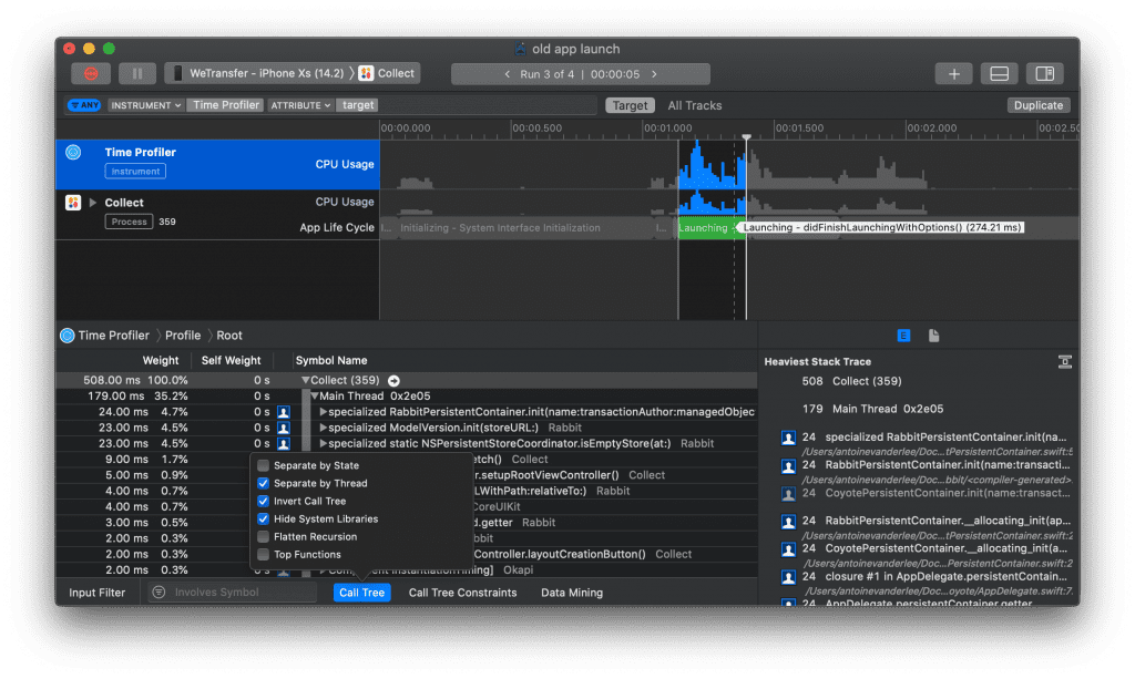 The time profiler gives insights in slow performing code during app launch time.