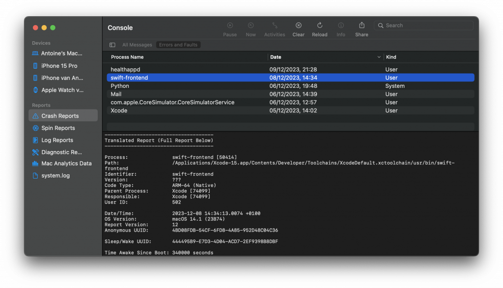 The Console app allows you to export crash reports for Mac apps.