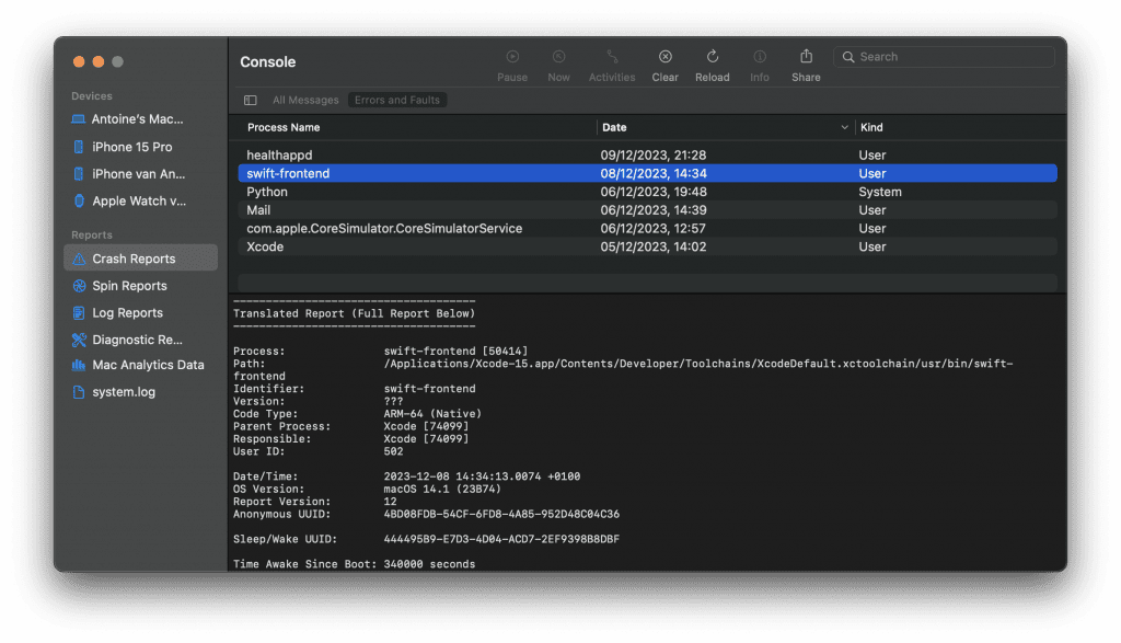 The Console app allows you to export crash reports for Mac apps.