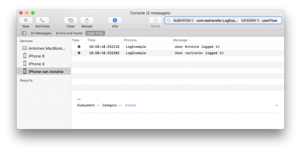 An example of the logs inside the Console.app