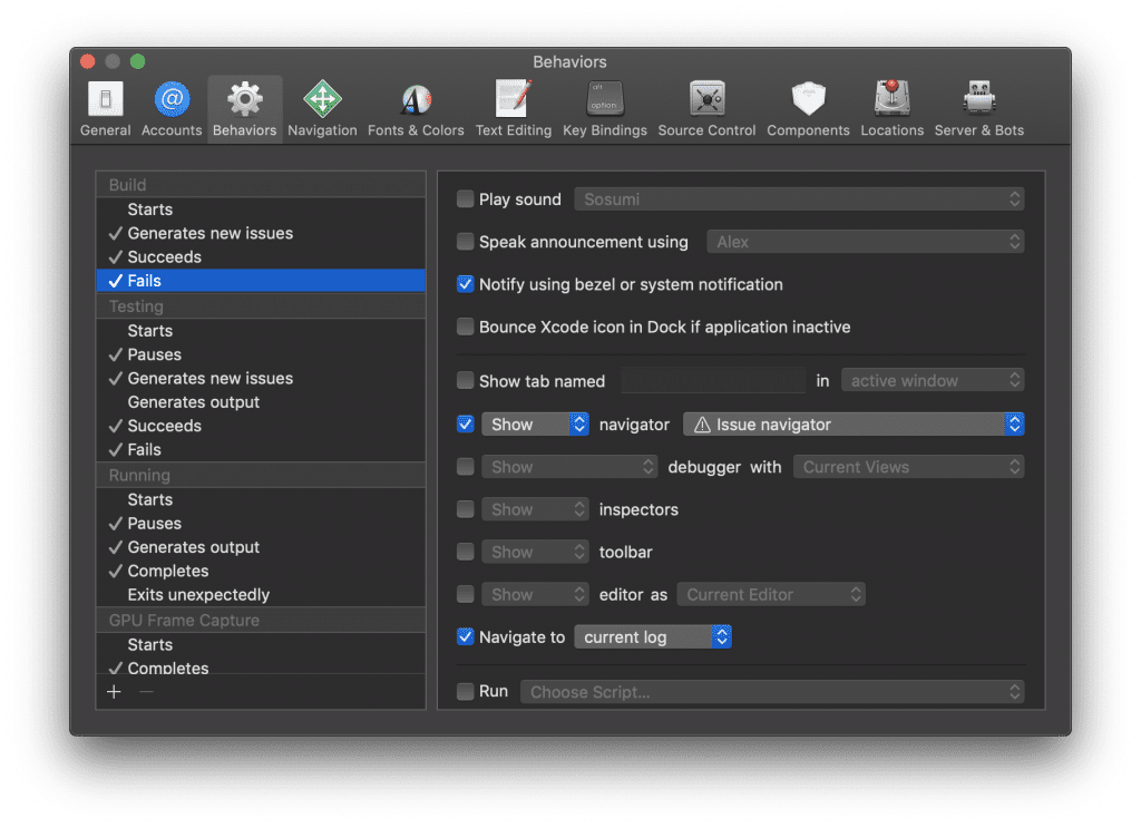 An Xcode behavior to open the Issue Navigator for failing builds